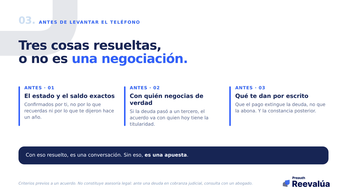 Tres cosas resueltas antes de la llamada. Sin ellas, no es una negociación.